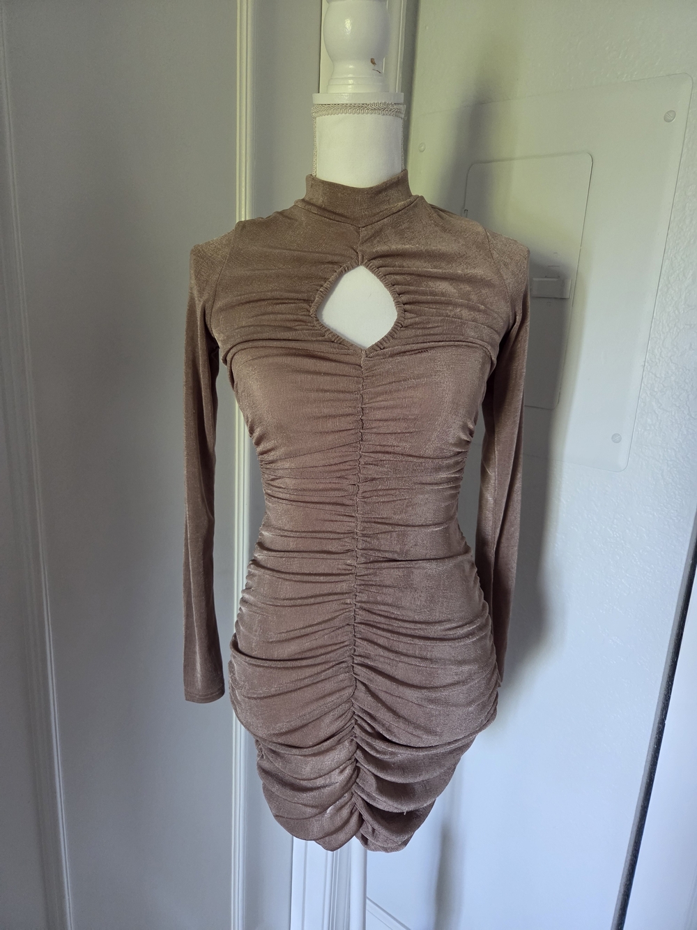 Bodycon Ruched Women's Dress in Taupe - Picture 2 of 6